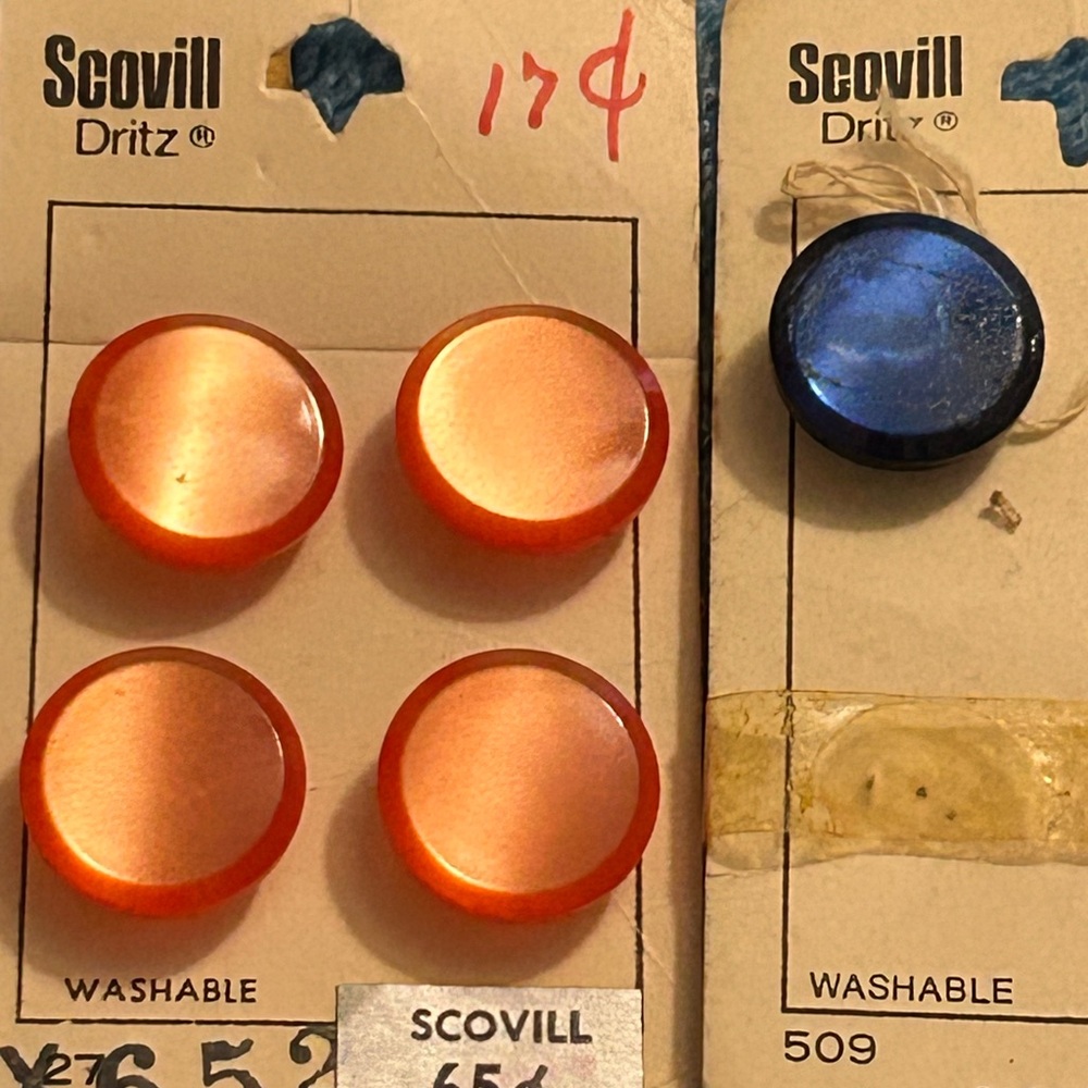 Vintage Scovill Buttons. Orange (4) blue (1)